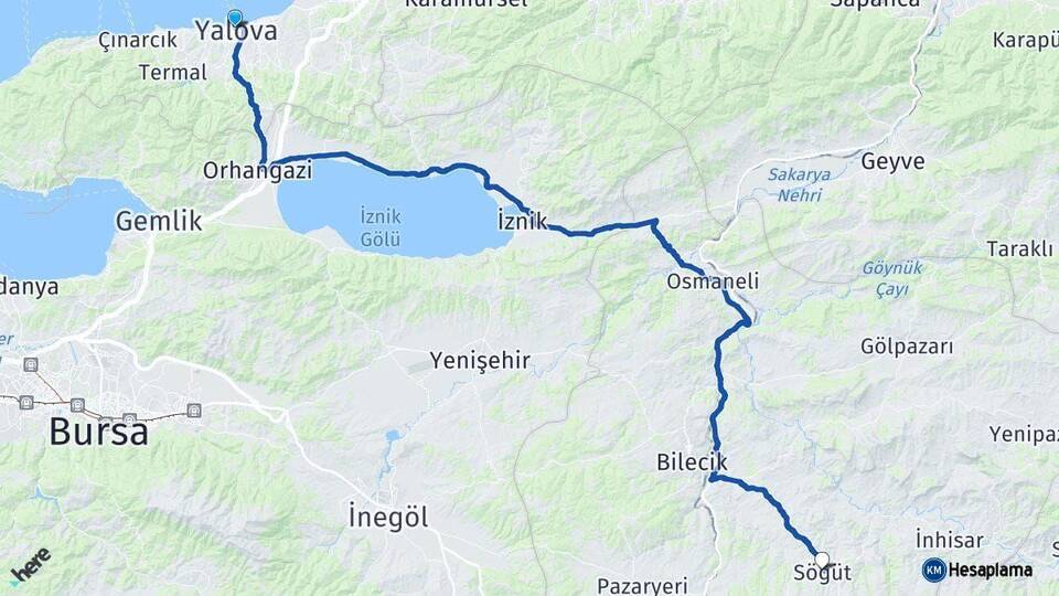 Yalova Söğüt Bilecik Arası Kaç Km - Yol Haritası