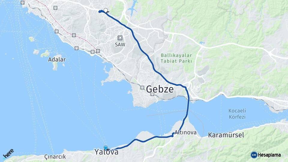 Yalova Sultanbeyli İstanbul Arası Kaç Km - Yol Haritası