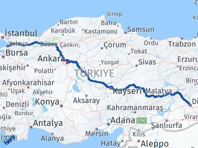 Yalova Sur Diyarbakır Arası Kaç Km - Yol Haritası