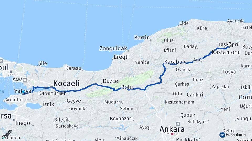 Yalova Taşköprü Kastamonu Arası Kaç Km - Yol Haritası