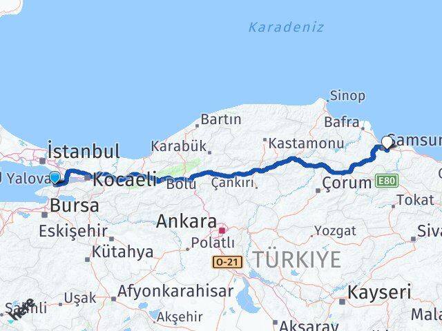 Yalova Tekkeköy Samsun Arası Kaç Km - Yol Haritası