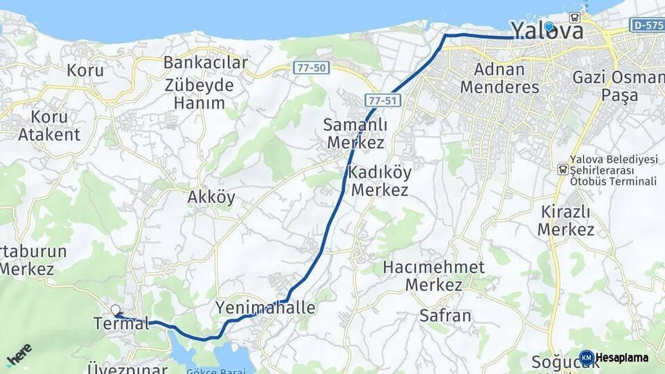 Yalova Termal Arası Kaç Km - Yol Haritası