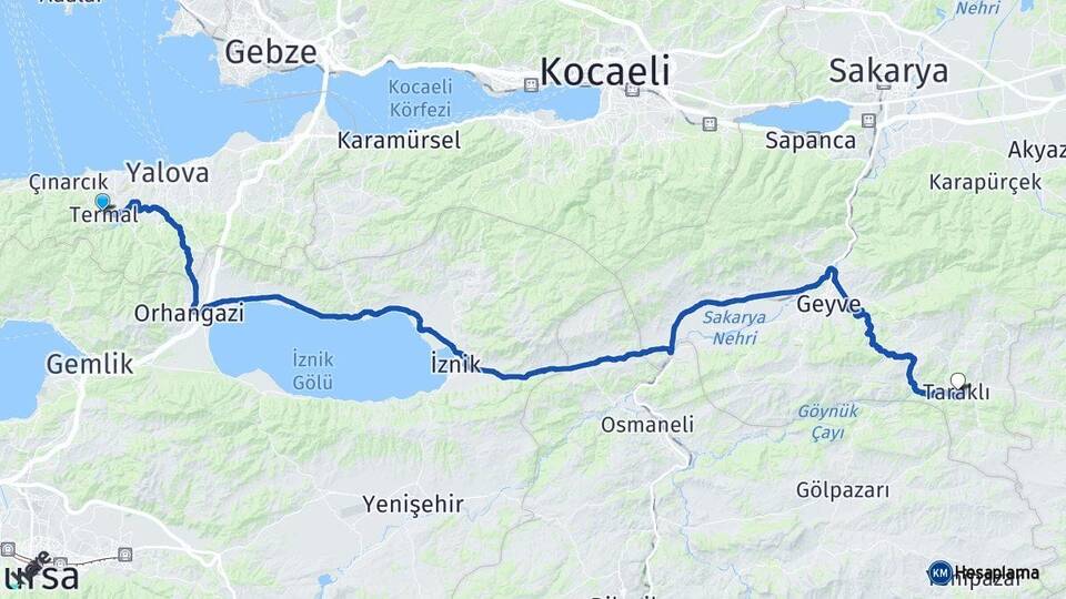 Yalova Termal Taraklı Sakarya Arası Kaç Km - Yol Haritası