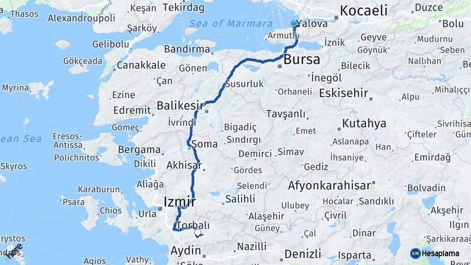 Yalova Tire İzmir Arası Kaç Km - Yol Haritası