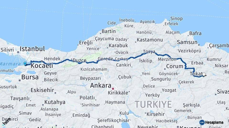 Yalova Tokat Arası Kaç Km - Yol Haritası