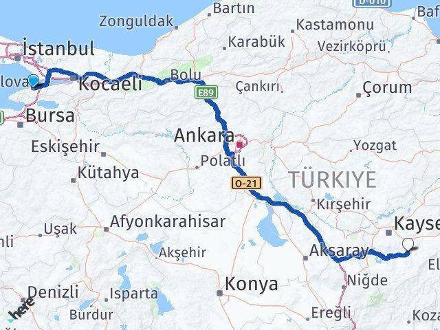 Yalova Tomarza Kayseri Arası Kaç Km - Yol Haritası