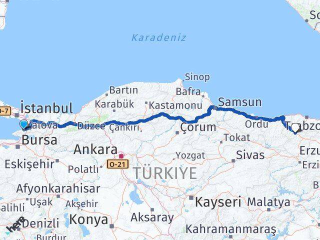 Yalova Torul Gümüşhane Arası Kaç Km - Yol Haritası