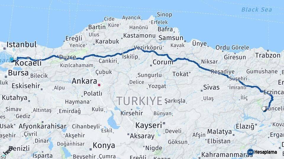 Yalova Tunceli Arası Kaç Km - Yol Haritası