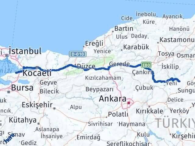 Yalova Uğurludağ Çorum Arası Kaç Km - Yol Haritası