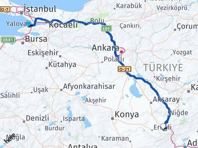 Yalova Ulukışla Niğde Arası Kaç Km - Yol Haritası