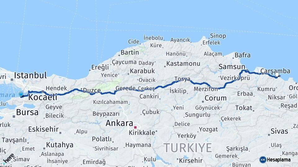 Yalova Ünye Ordu Arası Kaç Km - Yol Haritası