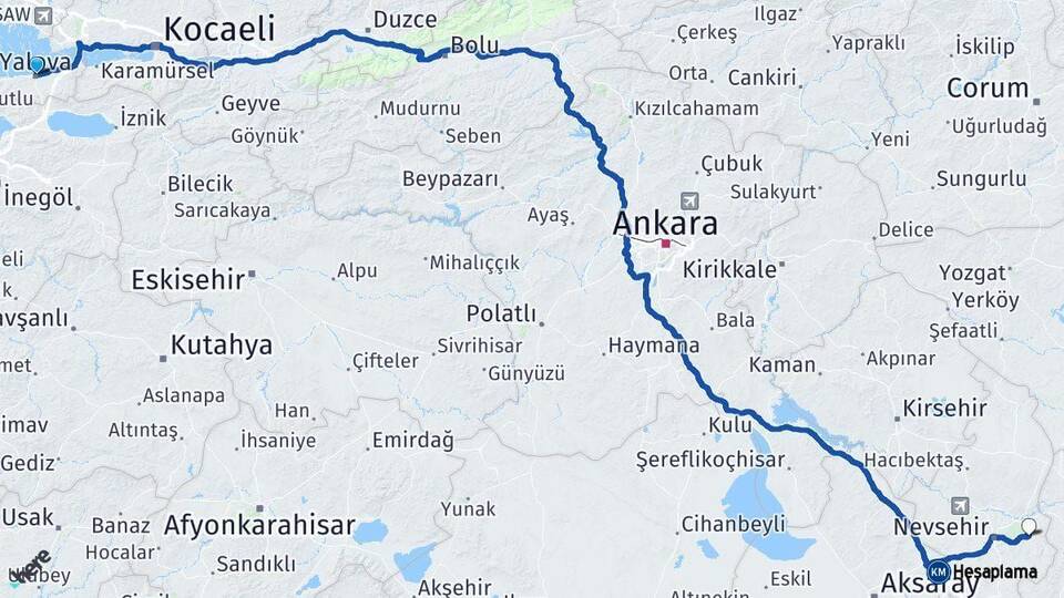 Yalova Ürgüp Nevşehir Arası Kaç Km - Yol Haritası