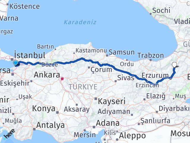 Yalova Uzundere Erzurum Arası Kaç Km - Yol Haritası