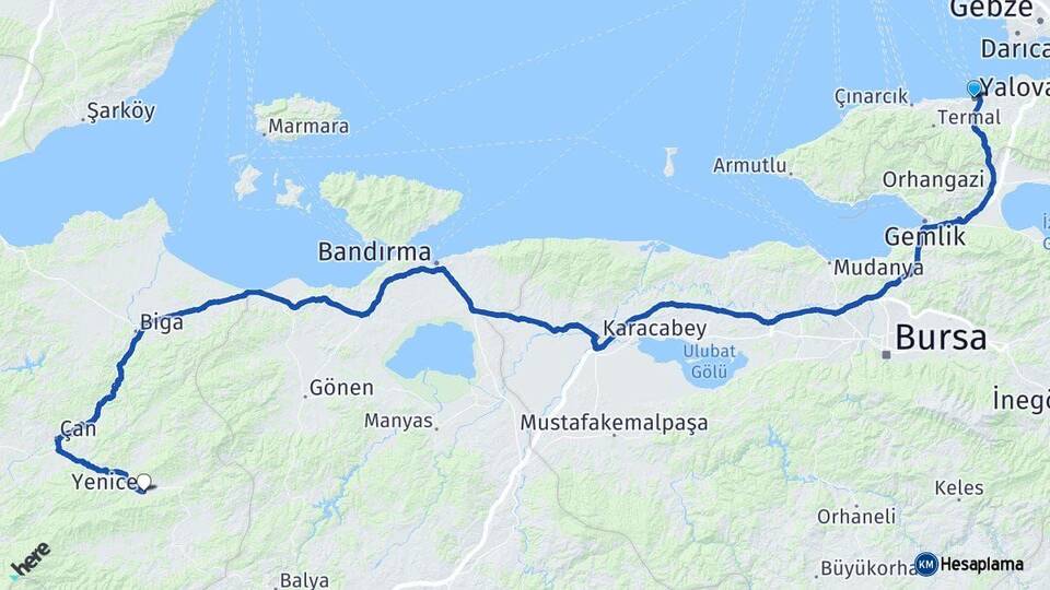 Yalova Yenice Çanakkale Arası Kaç Km - Yol Haritası
