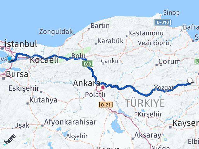 Yalova Yeşilyurt Tokat Arası Kaç Km - Yol Haritası