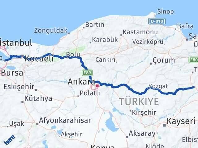 Yalova Yıldızeli Sivas Arası Kaç Km - Yol Haritası