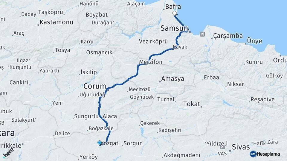 Yozgat 19 Mayıs Samsun Arası Kaç Km - Yol Haritası