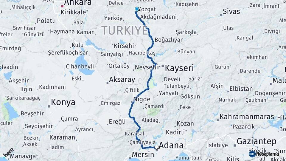 Yozgat Adana Arası Kaç Km - Yol Haritası