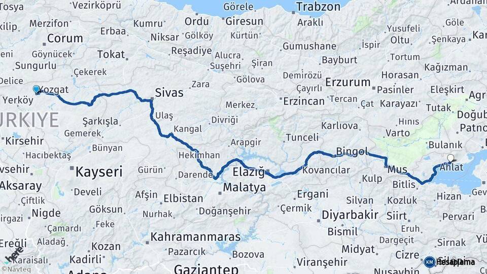 Yozgat Adilcevaz Bitlis Arası Kaç Km - Yol Haritası