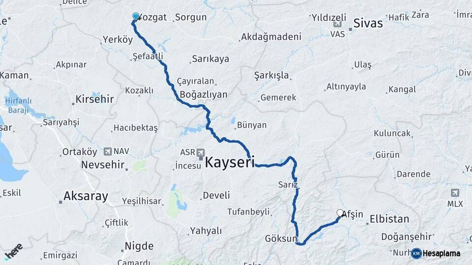 Yozgat Afşin Kahramanmaraş Arası Kaç Km - Yol Haritası