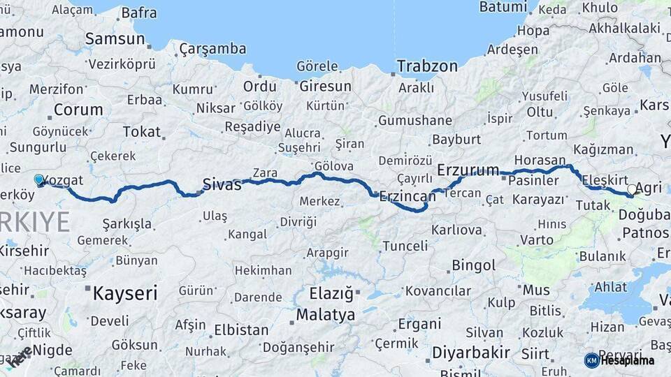 Yozgat Ağrı Arası Kaç Km - Yol Haritası