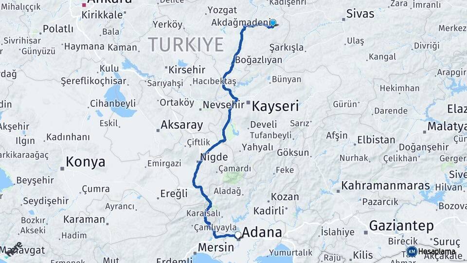 Yozgat Akdağmadeni Adana Arası Kaç Km - Yol Haritası