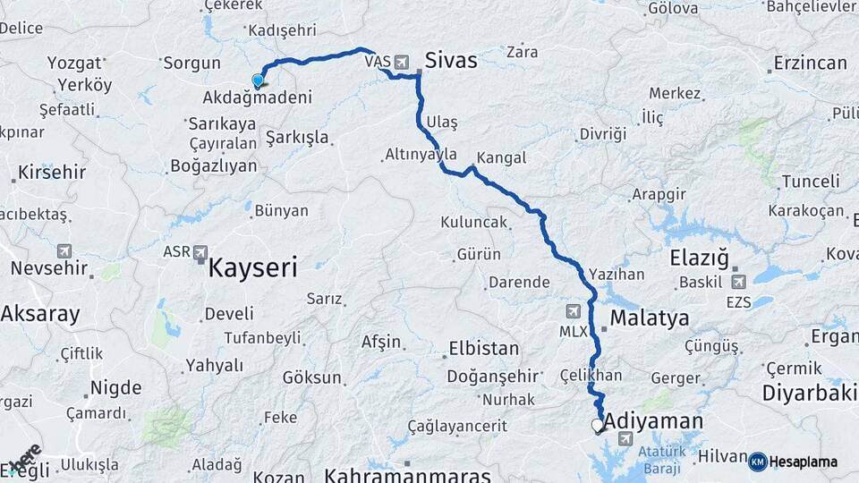 Yozgat Akdağmadeni Adıyaman Arası Kaç Km - Yol Haritası