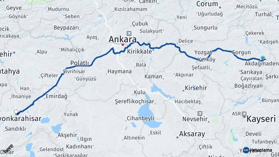 Yozgat Akdağmadeni Afyonkarahisar Arası Kaç Km - Yol Haritası