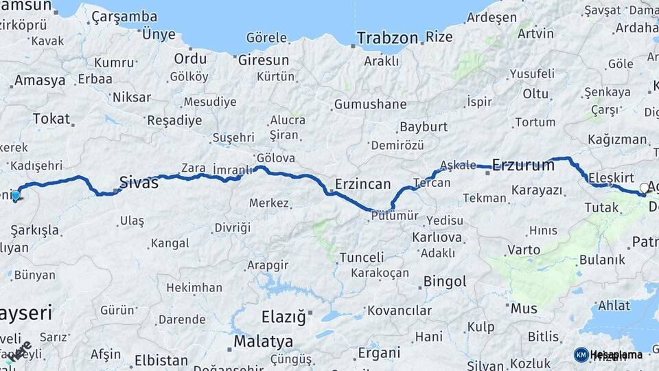 Yozgat Akdağmadeni Ağrı Arası Kaç Km - Yol Haritası
