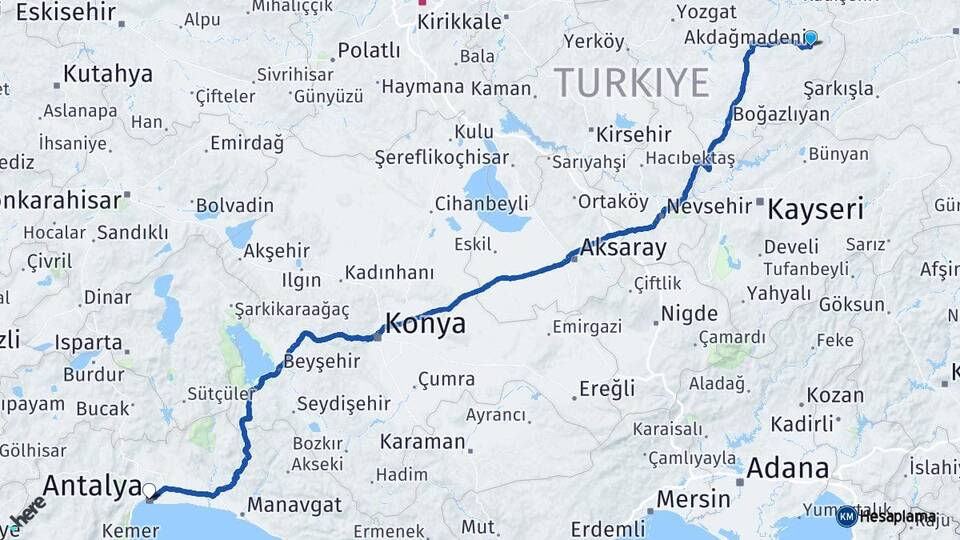 Yozgat Akdağmadeni Antalya Arası Kaç Km - Yol Haritası