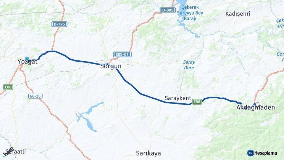 Yozgat Akdağmadeni Arası Kaç Km - Yol Haritası