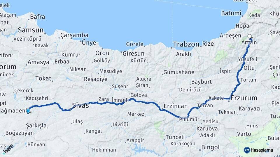 Yozgat Akdağmadeni Artvin Arası Kaç Km - Yol Haritası