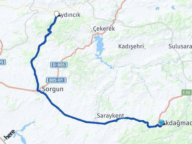 Yozgat Akdağmadeni Aydıncık Arası Kaç Km - Yol Haritası