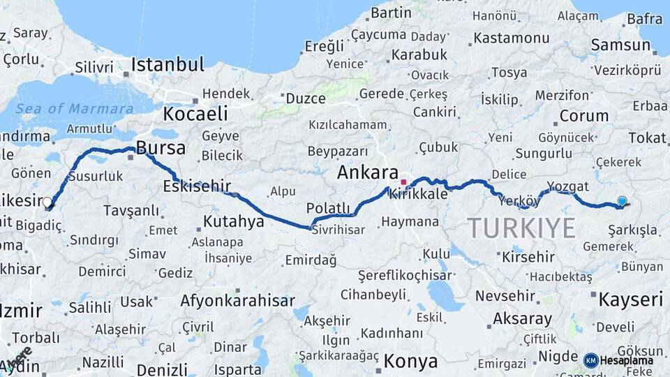 Yozgat Akdağmadeni Balıkesir Arası Kaç Km - Yol Haritası
