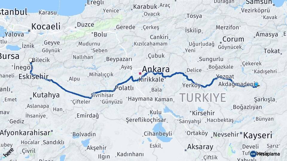 Yozgat Akdağmadeni Bilecik Arası Kaç Km - Yol Haritası