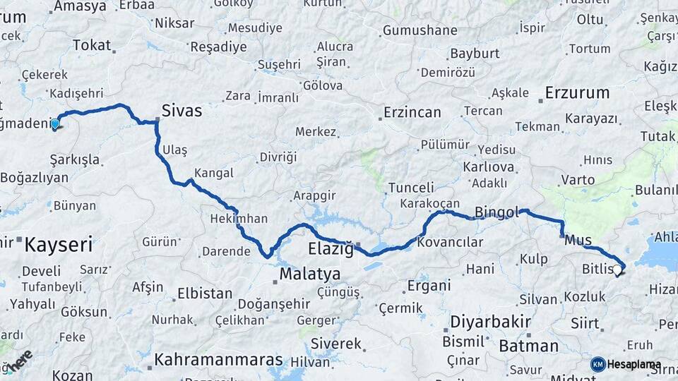 Yozgat Akdağmadeni Bitlis Arası Kaç Km - Yol Haritası