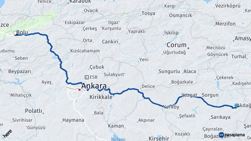 Yozgat Akdağmadeni Bolu Arası Kaç Km - Yol Haritası