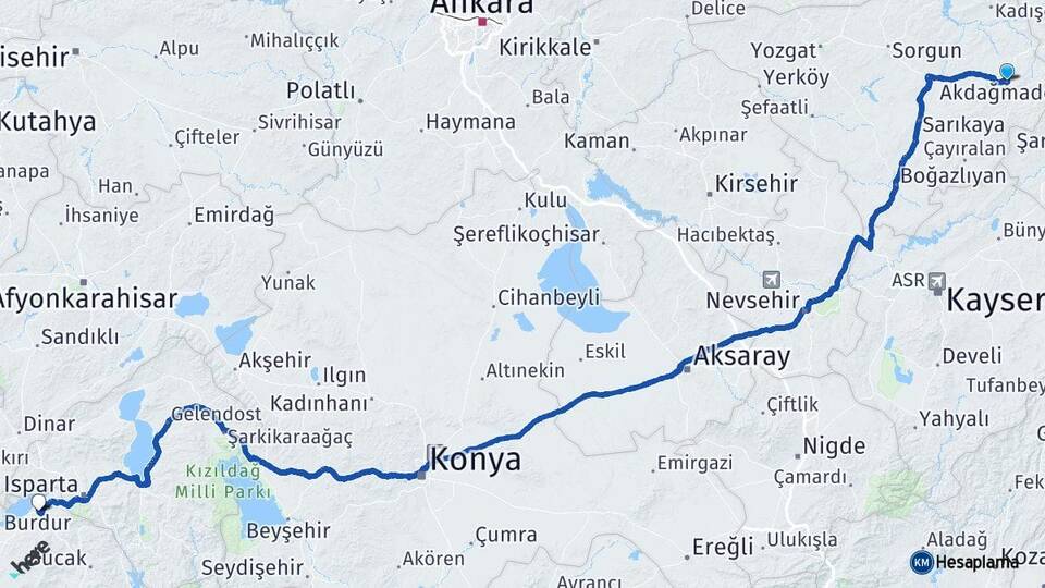 Yozgat Akdağmadeni Burdur Arası Kaç Km - Yol Haritası