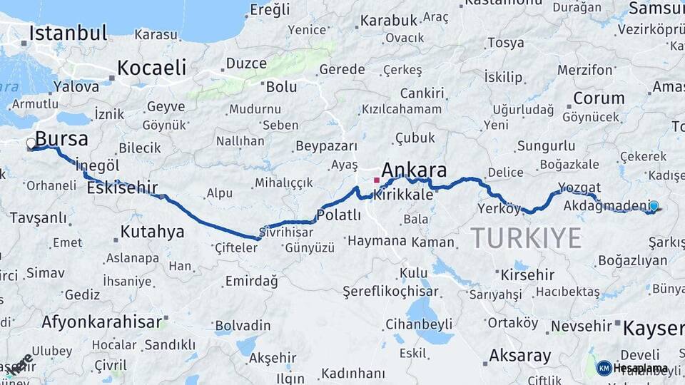 Yozgat Akdağmadeni Bursa Arası Kaç Km - Yol Haritası