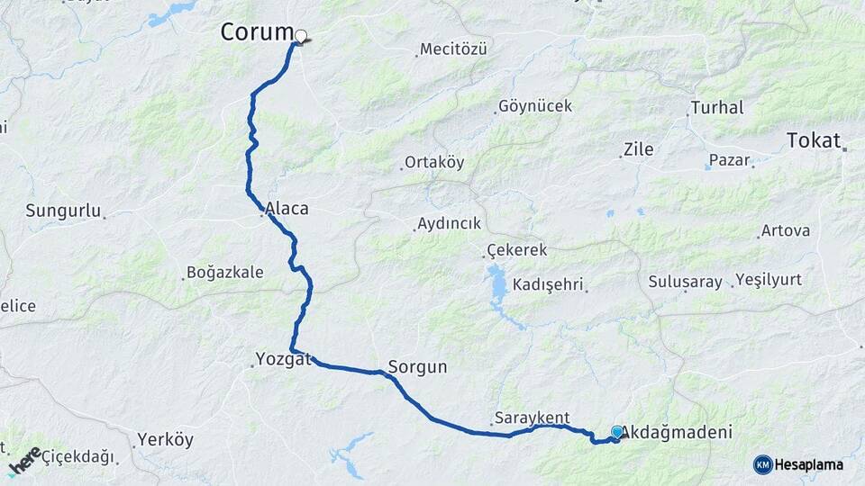 Yozgat Akdağmadeni Çorum Arası Kaç Km - Yol Haritası