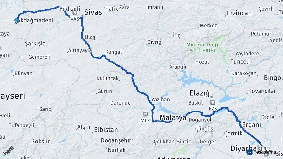 Yozgat Akdağmadeni Diyarbakır Arası Kaç Km - Yol Haritası