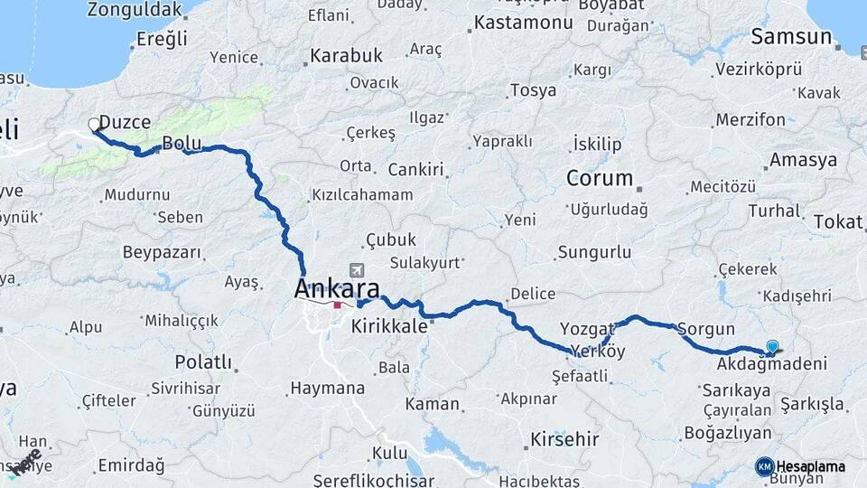 Yozgat Akdağmadeni Düzce Arası Kaç Km - Yol Haritası