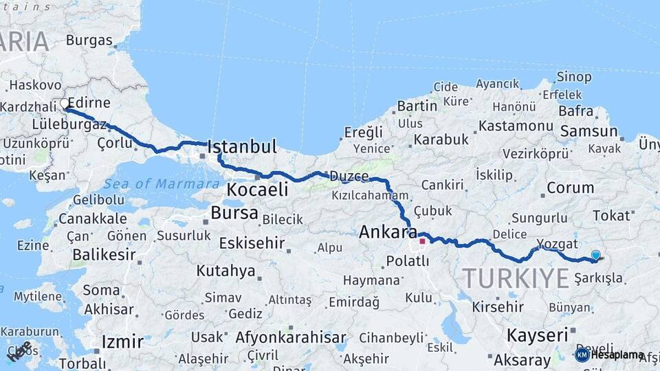 Yozgat Akdağmadeni Edirne Arası Kaç Km - Yol Haritası