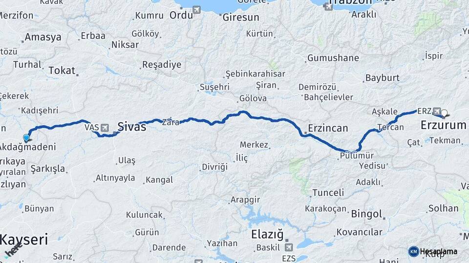 Yozgat Akdağmadeni Erzurum Arası Kaç Km - Yol Haritası