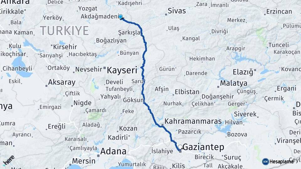 Yozgat Akdağmadeni Gaziantep Arası Kaç Km - Yol Haritası
