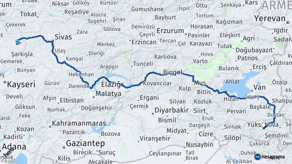 Yozgat Akdağmadeni Hakkari Arası Kaç Km - Yol Haritası