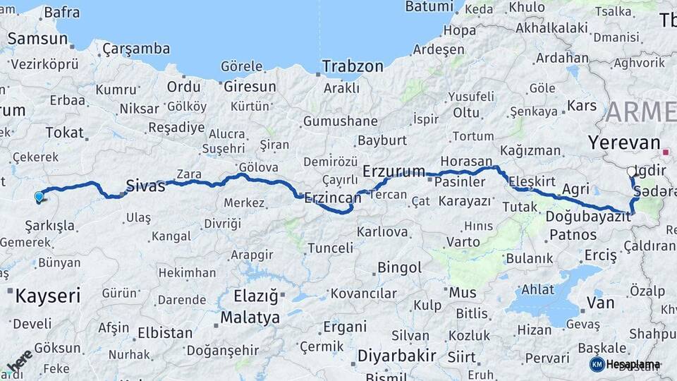 Yozgat Akdağmadeni Iğdır Arası Kaç Km - Yol Haritası