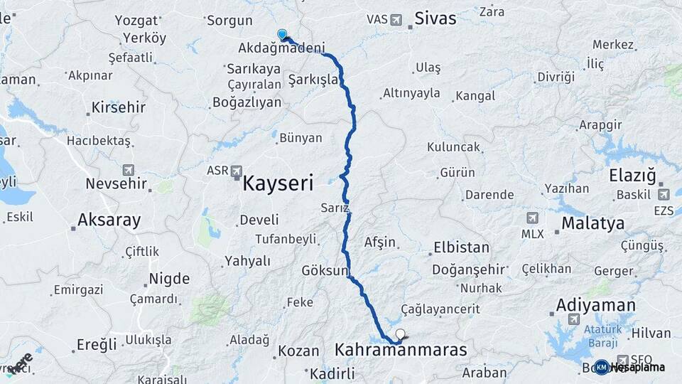 Yozgat Akdağmadeni Kahramanmaraş Arası Kaç Km - Yol Haritası