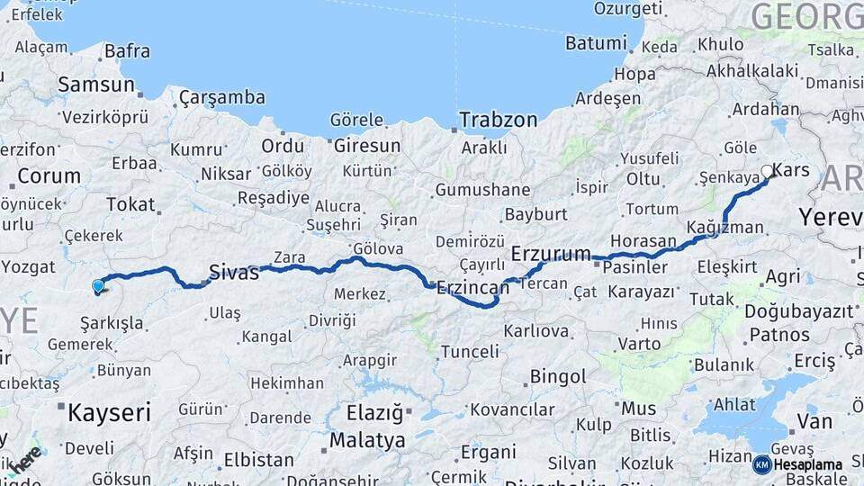 Yozgat Akdağmadeni Kars Arası Kaç Km - Yol Haritası