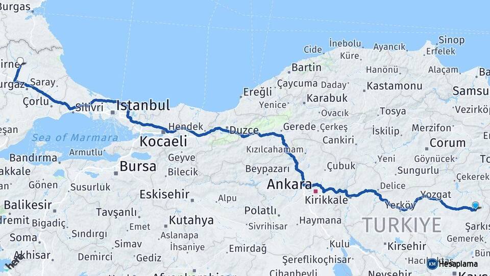 Yozgat Akdağmadeni Kırklareli Arası Kaç Km - Yol Haritası